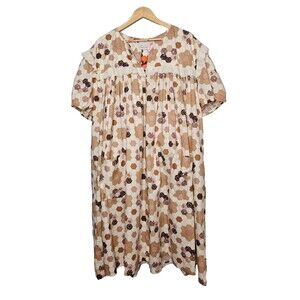 DEAR ABIGAEL Smock Dress O/S Button Up Short Sleeve Retro Style House Dress Mumu